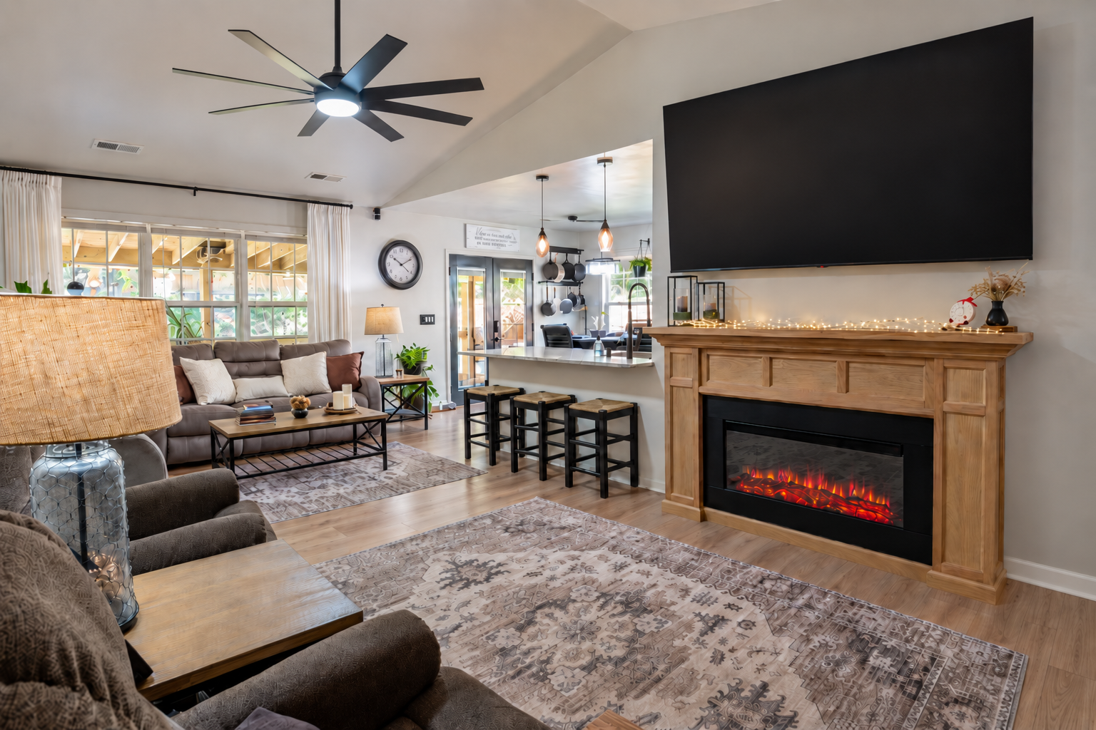 Living room and fireplace real estate photograph